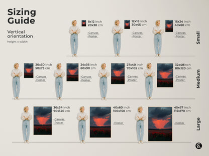 Sizing guide for Crimson Poppy Field canvas and poster prints. Vertical orientation options range from small to large. Find the perfect fit for your space. From 8x12 inch to 45x67 inch. Enhance your walls today.