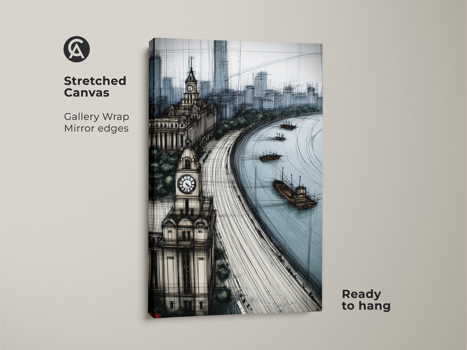 Stretched canvas of a blue gray cityscape sketch art print is ready to hang. The gallery wrap features mirror edges. The river clock tower artwork adds a contemporary touch. Ideal for office or entry hall decor.