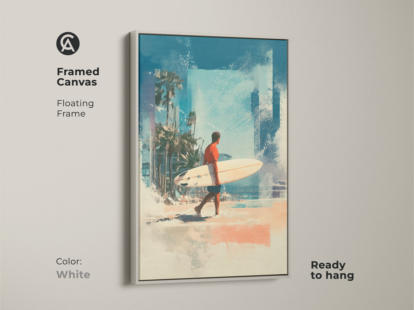 Brighten up your home with this framed canvas art. The white floating frame adds a fresh touch to the beach scene. The artwork features a surfer walking along the beach. It is ready to hang and enjoy. Find the perfect framed art for your home.