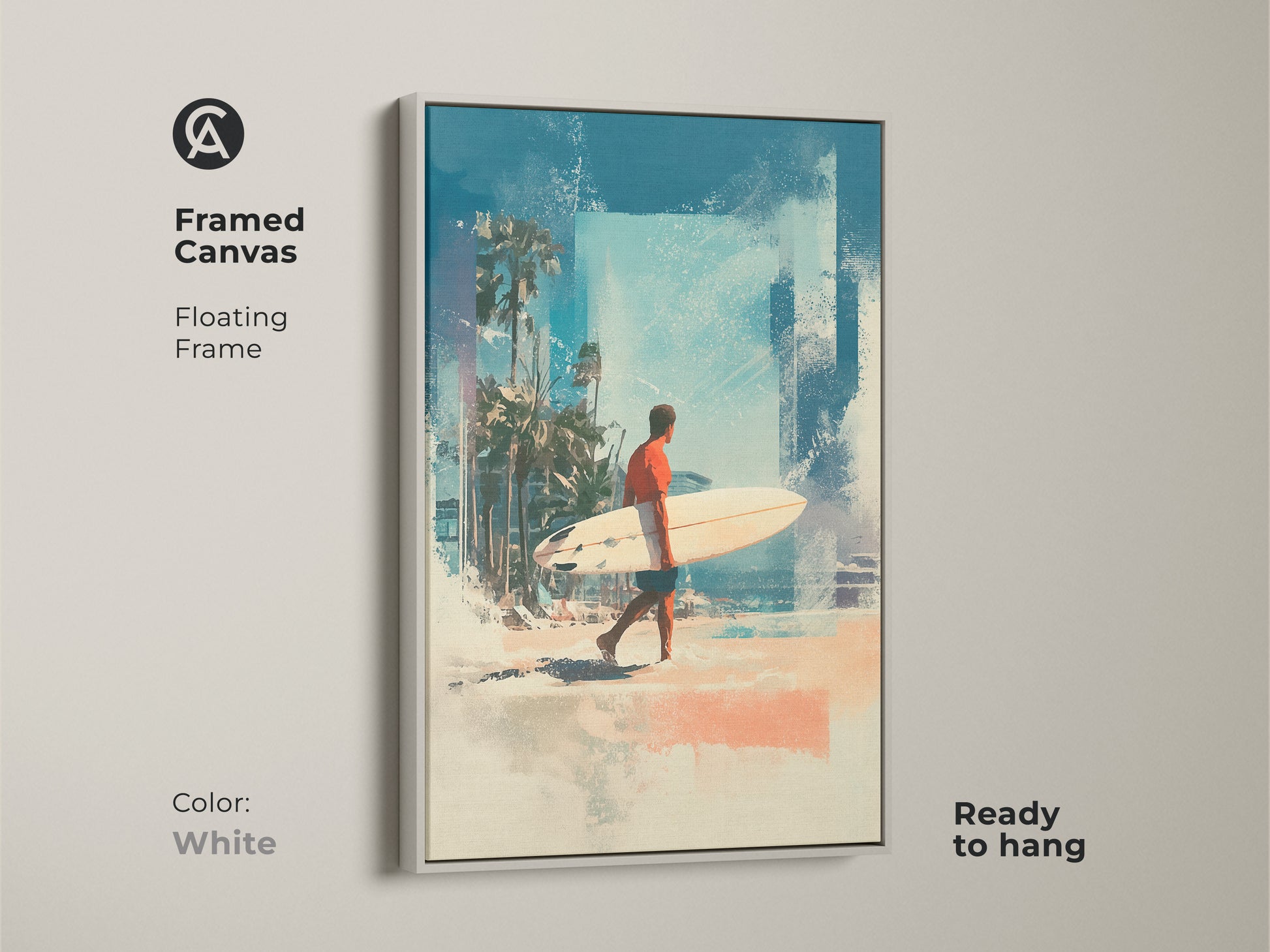Brighten up your home with this framed canvas art. The white floating frame adds a fresh touch to the beach scene. The artwork features a surfer walking along the beach. It is ready to hang and enjoy. Find the perfect framed art for your home.