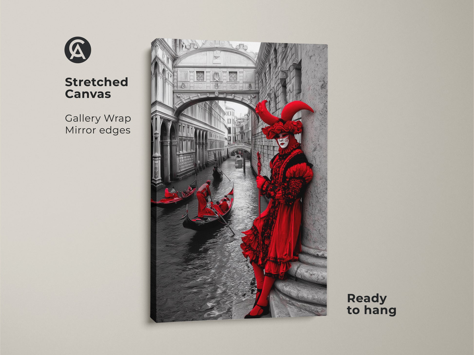 Stretched Canvas art print displaying a Venice Carnival masked figure in crimson red. Admire the gondola wall art on a gallery wrap. This black & white Venice architecture poster adds an eclectic touch. The art is ready to hang. Perfect as a Carnival Season gift idea for home decor.