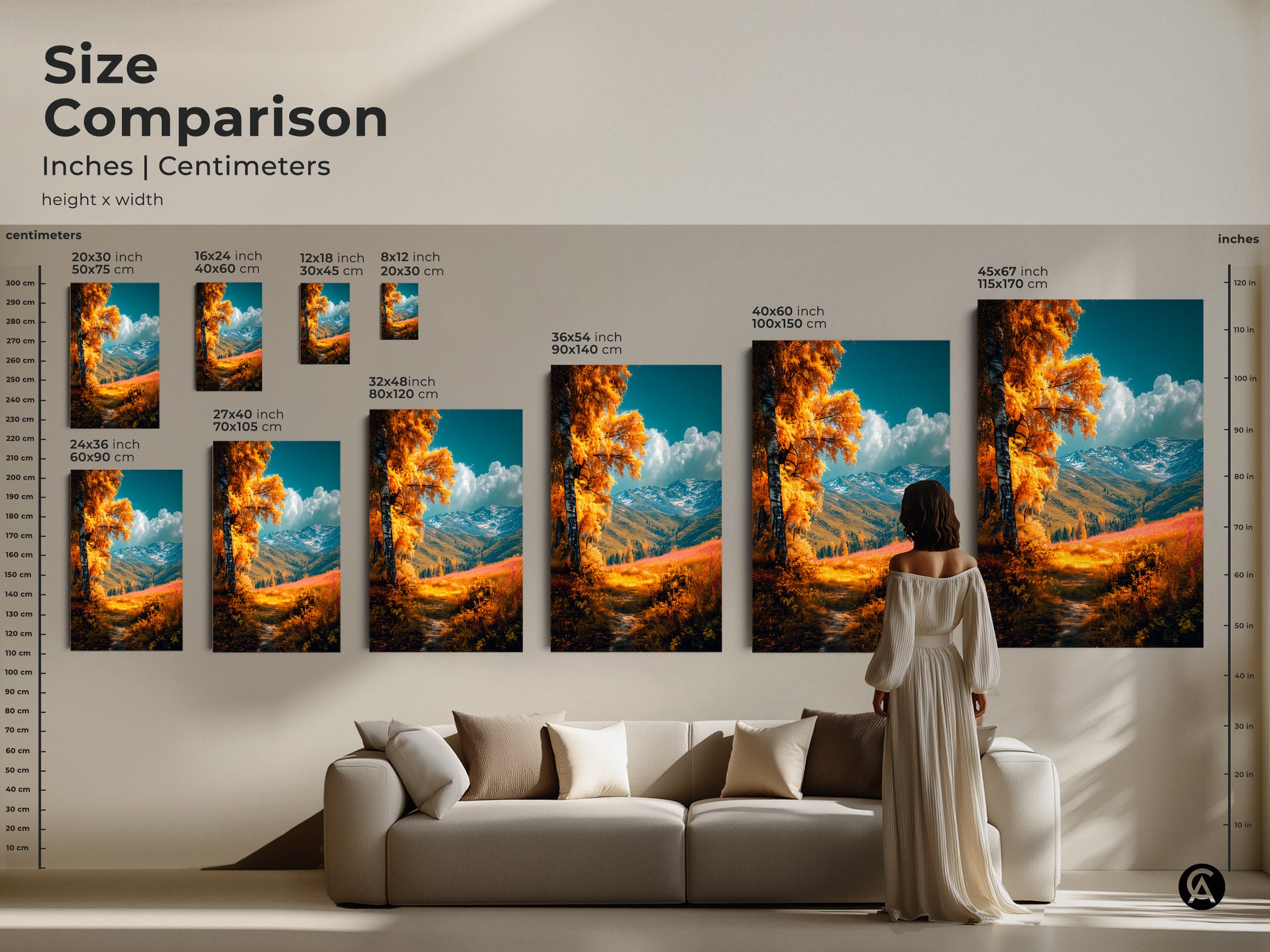 Compare sizes of this golden autumn landscape artwork featuring a birch tree. See how each canvas or poster print fits above a sofa. Sizes range from small to extra-large. Choose the ideal dimensions to complement your living space.