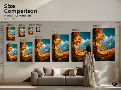 Compare sizes of this golden autumn landscape artwork featuring a birch tree. See how each canvas or poster print fits above a sofa. Sizes range from small to extra-large. Choose the ideal dimensions to complement your living space.