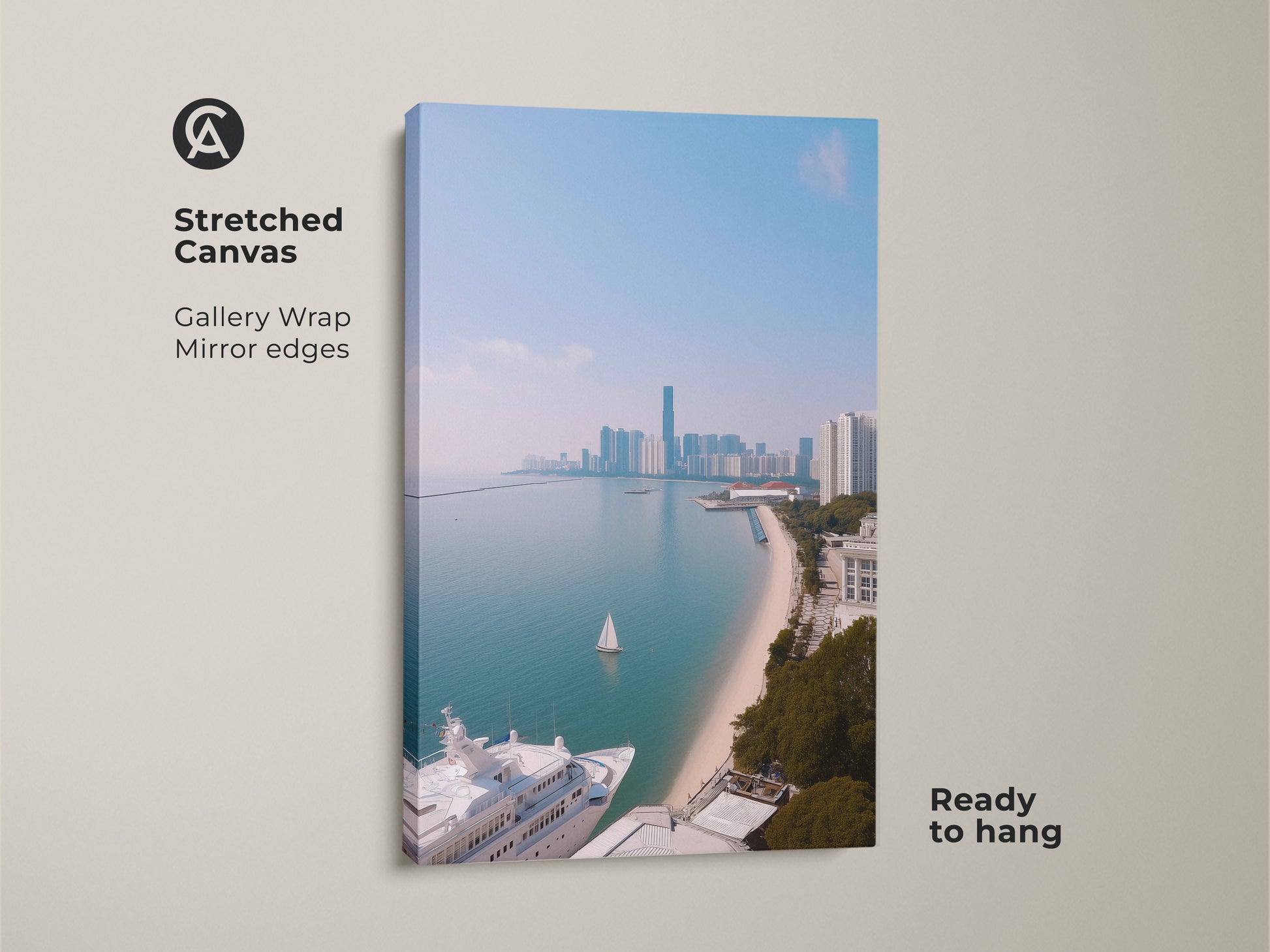 A stretched canvas art print showing a coastal cityscape with a yacht and sailboat. This gallery-wrapped artwork has mirror edges and is ready to hang. The ocean view art print features modern aqua blue artwork. It is a contemporary cityscape print perfect for travel lovers. The coastal scene offers nautical themed wall decor.