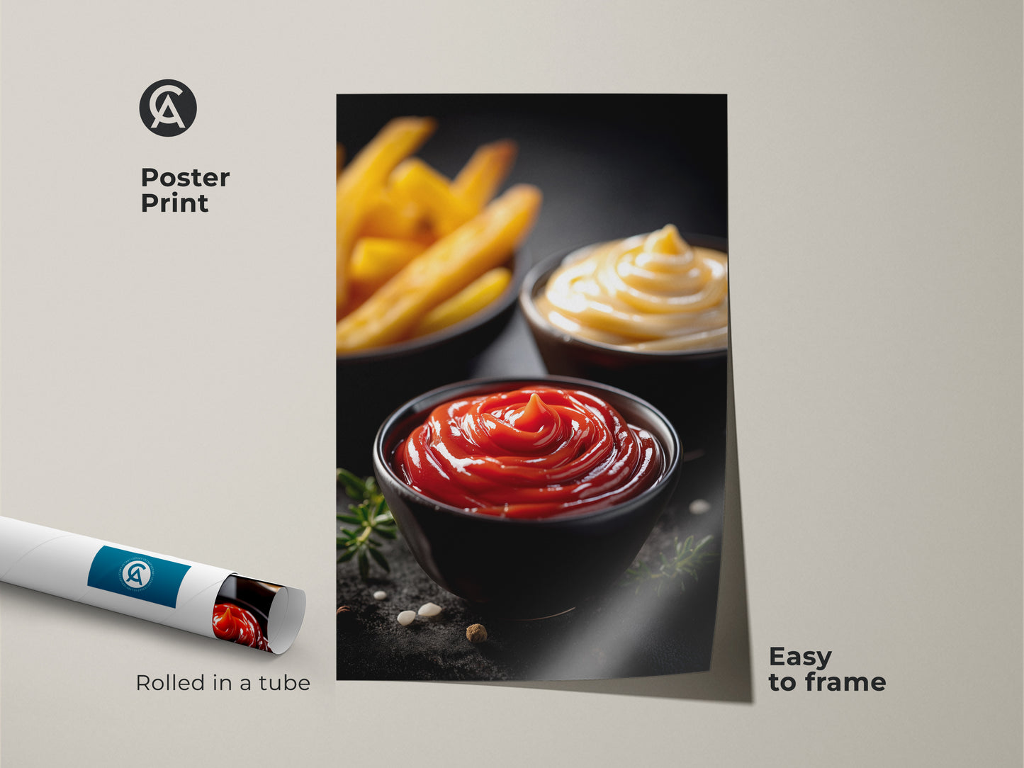 A poster print of ketchup mayonnaise and fries art. This modern food photography is easy to frame. The red orange and yellow hues bring a fun touch to any foodie's home decor. A delightful gift for home bakers and condiment enthusiasts looking for casual dining wall art.