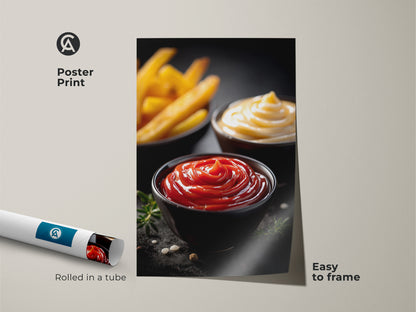A poster print of ketchup mayonnaise and fries art. This modern food photography is easy to frame. The red orange and yellow hues bring a fun touch to any foodie's home decor. A delightful gift for home bakers and condiment enthusiasts looking for casual dining wall art.