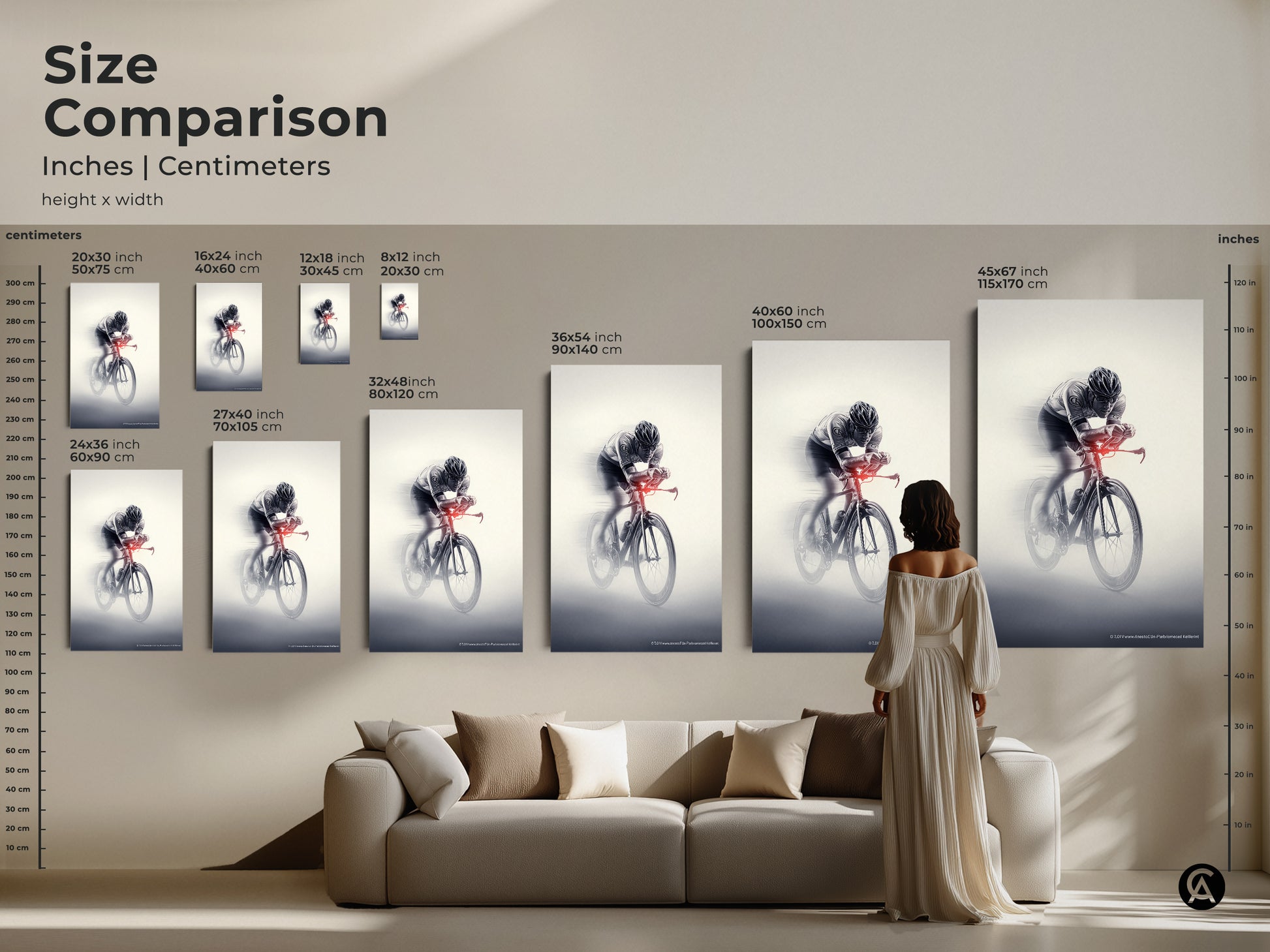Size comparison of cyclist art canvas poster. See inches centimeters in this height x width guide. Visualize 16x24 inch to 45x67 inch prints. Compare sizes for your living room or office. Monochrome action art is a great gift.