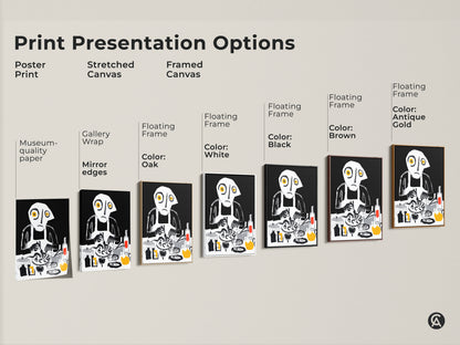 Explore print presentation options for this abstract chef art. Choose from a poster print or a stretched canvas. Also available are framed canvas in oak white black brown or antique gold. Find the perfect style for your eclectic kitchen decor.
