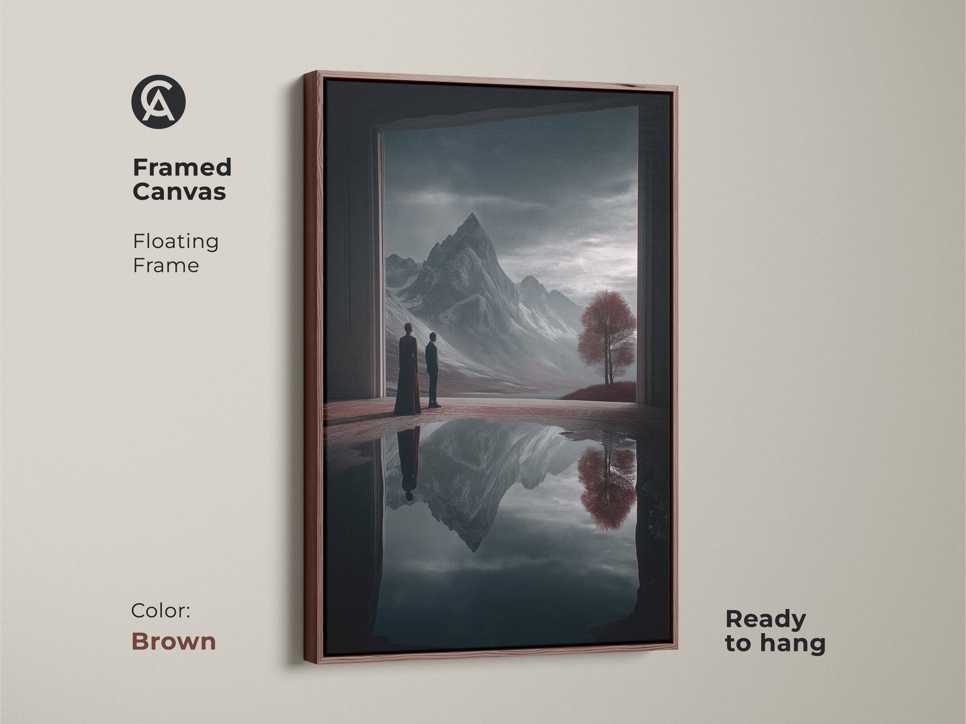 Framed canvas art of a surreal mountain landscape with a floating brown frame. This ready-to-hang fantasy art features two figures contemplating a crimson tree and a deep blue mountain reflection enhancing any eclectic space.