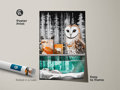 Poster print of a barn owl and deer forest wall art piece. This Scandinavian nature decor arrives rolled in a tube. Easy to frame adding a rustic touch to your home decor.