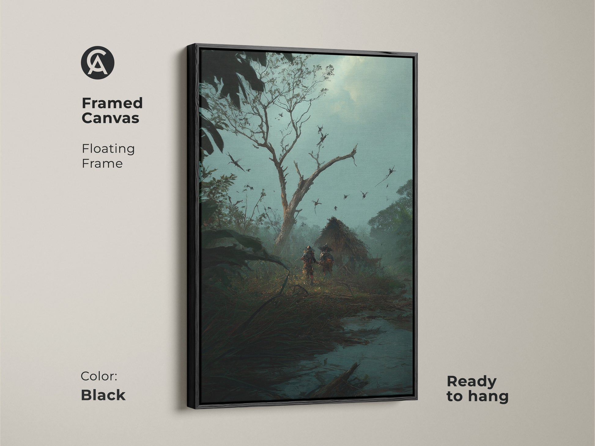 Framed canvas of a dark fantasy scene. Tribal figures approach a thatched hut. The black floating frame enhances the misty blue teal artwork. This adventure wall art is ready to hang. Perfect for study room decor. It adds an eclectic touch to any space.