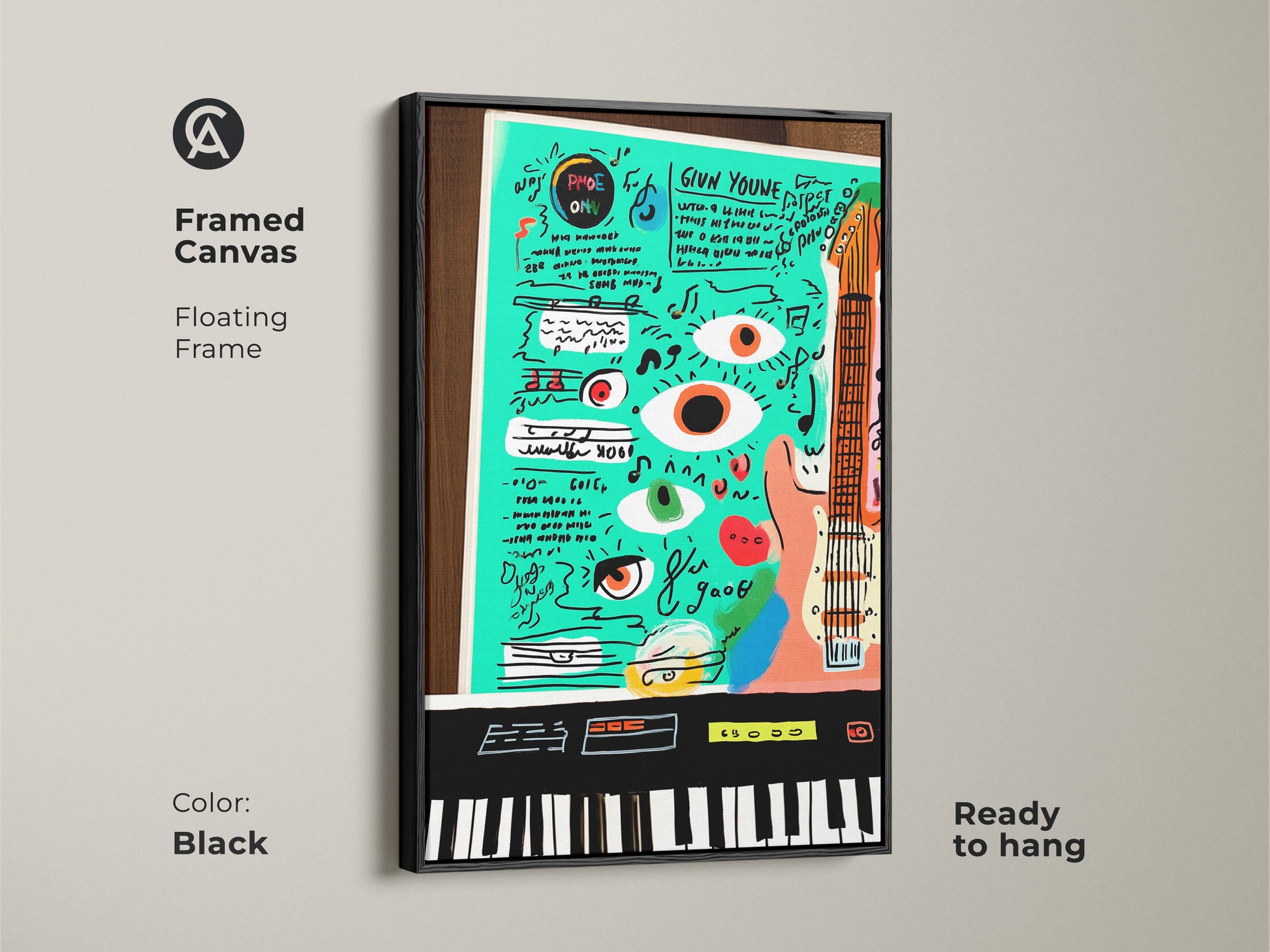 Framed in a black floating frame this canvas showcases a teal orange pop art. The art features music instruments and abstract elements. It is a perfect gift for musicians. Ready to hang this eclectic wall decor brings personality to any studio or office space.