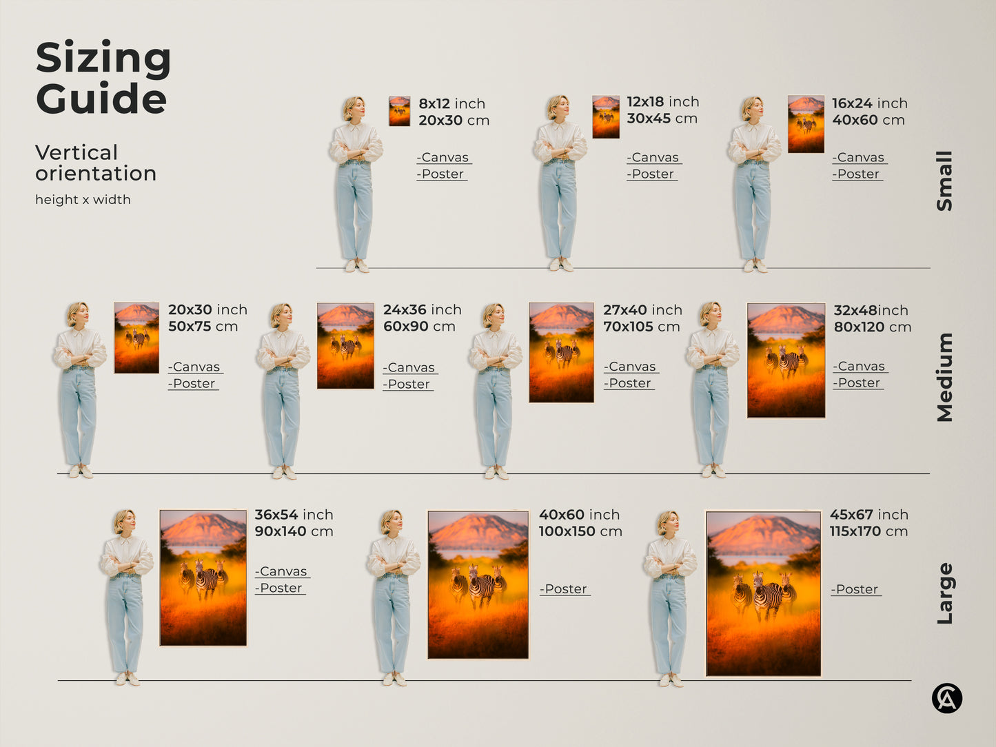 Sizing guide for zebra canvas and poster prints. Various vertical orientations available to fit any space. Perfect wall art sizes for bedroom or living room decor. Choose from small medium and large options. Find the ideal wildlife artwork for eclectic homes. A unique housewarming gift idea for animal lovers.