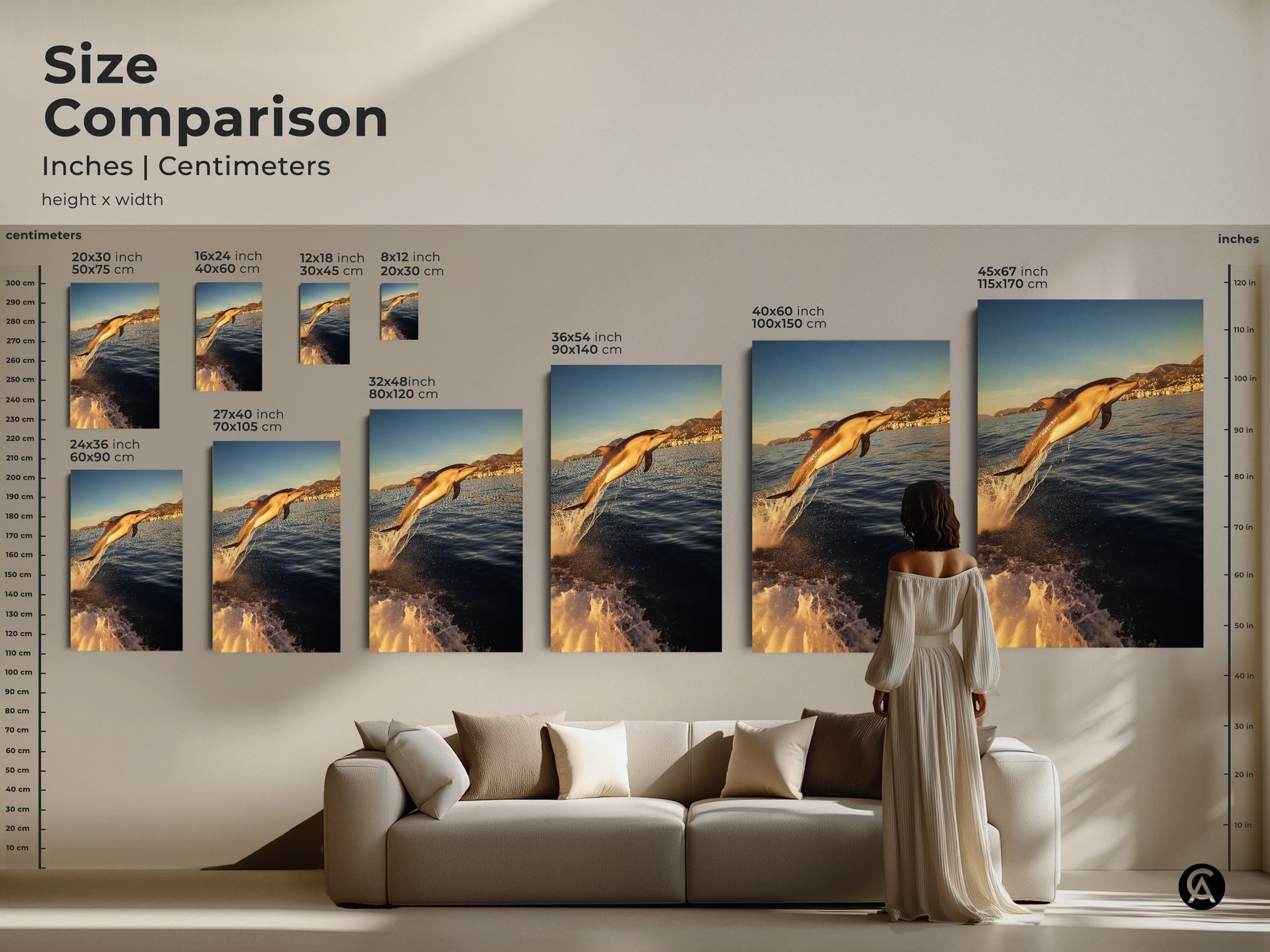 Size comparison of dolphin artwork in inches and centimeters on canvas. Sizes ranging from small to large to fit above any sofa. Perfect for adding a coastal touch to your living room. A stunning focal point for any space. It is ideal for ocean and marine life enthusiasts.