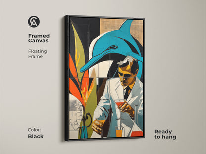 Framed Canvas Floating Frame art shows a surreal blend of retro futurism and marine life featuring a dolphin and a scientist. Teal and orange create an eclectic graphic novel aesthetic. This black framed art is ready to hang for science enthusiasts to enjoy.