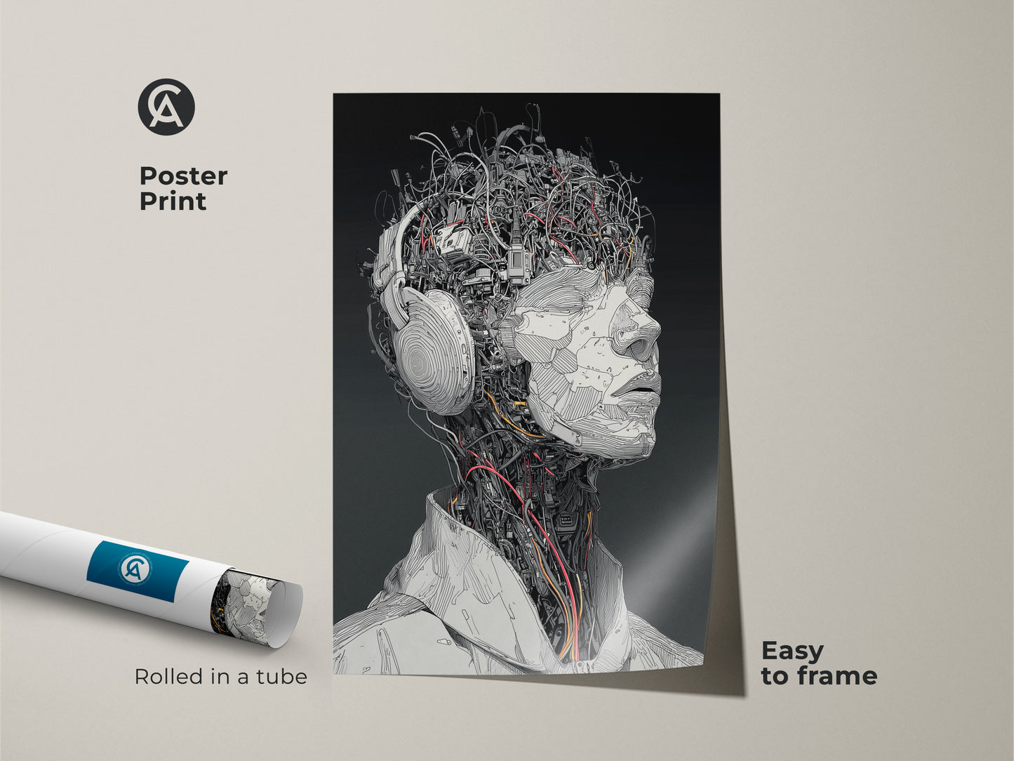 Poster print of a cyborg head wearing headphones. The artwork is rolled in a tube for easy framing. The poster has crisp details and a contemporary aesthetic. This piece makes a great addition to any art collection. It is easy to frame.