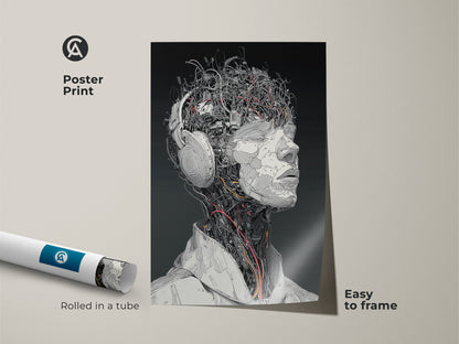 Poster print of a cyborg head wearing headphones. The artwork is rolled in a tube for easy framing. The poster has crisp details and a contemporary aesthetic. This piece makes a great addition to any art collection. It is easy to frame.