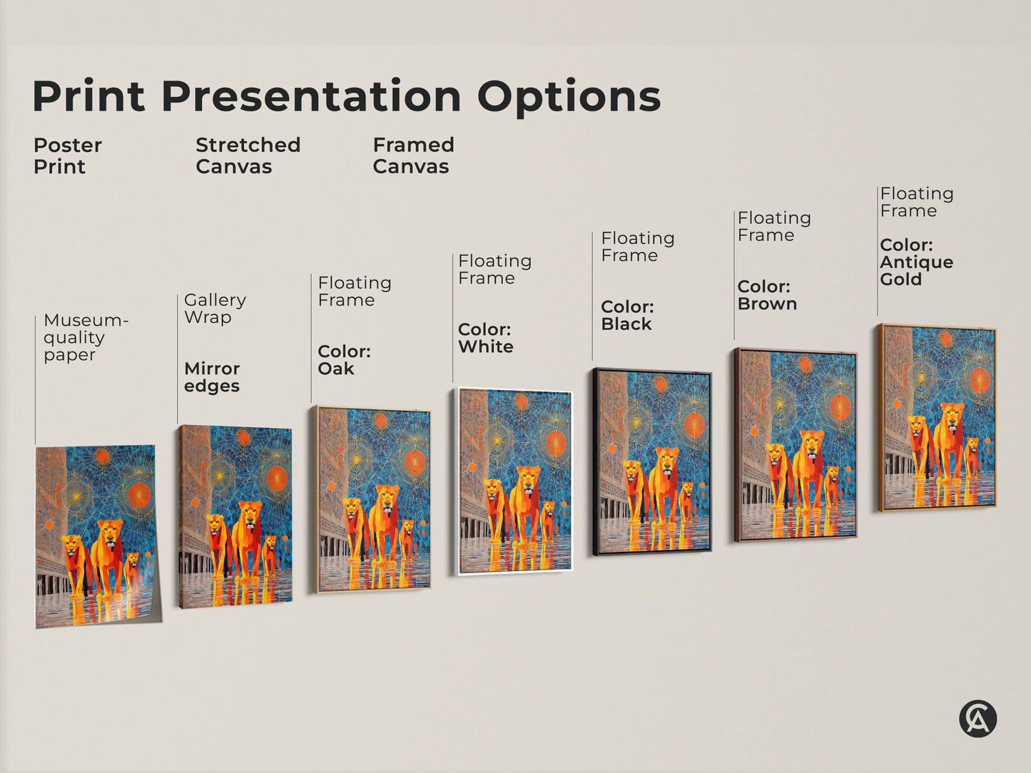 Discover print presentation options for geometric lion artwork. Choose from poster prints stretched canvas and framed canvas options. Explore gallery wrap museum quality paper and floating frame styles. Find the perfect blue and orange abstract sunburst animal art for your space. Each option brings contemporary wildlife art to life.