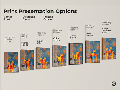 Discover print presentation options for geometric lion artwork. Choose from poster prints stretched canvas and framed canvas options. Explore gallery wrap museum quality paper and floating frame styles. Find the perfect blue and orange abstract sunburst animal art for your space. Each option brings contemporary wildlife art to life.