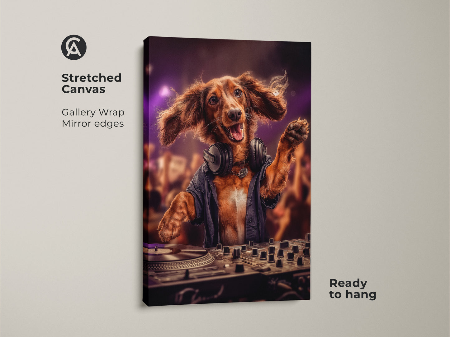 This Dachshund DJ artwork is a stretched canvas. It features a gallery wrap and mirror edges. The brown dog wears headphones. He is DJing at a party with purple lights. The eclectic art is ready to hang. Perfect for music and dog enthusiasts it elevates any space.