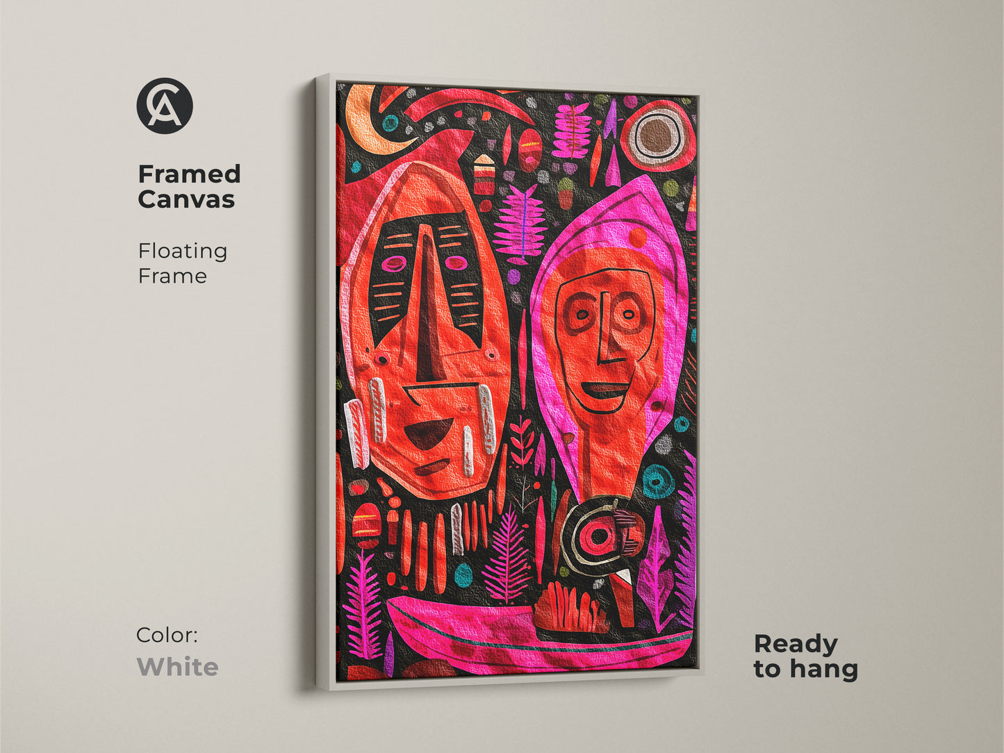 Framed canvas with tribal masks and a white floating frame. The red pink and magenta pop against a white background. This is abstract face canvas art and adds to eclectic art for a living room.