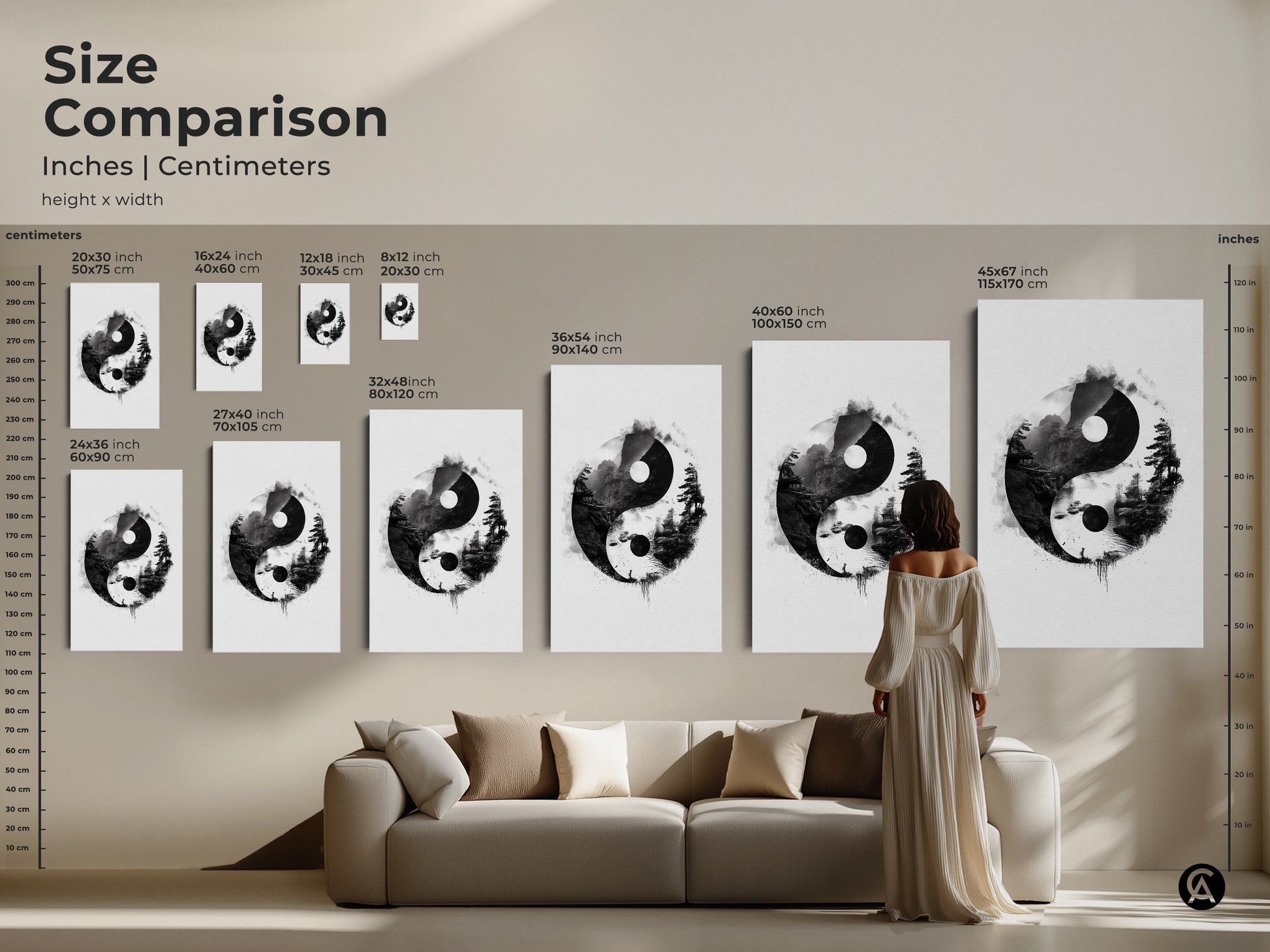Size comparison featuring Zen Yin Yang landscape art. See how different sizes fit above a couch. This minimalist black and white art enhances any living room with balanced energy.