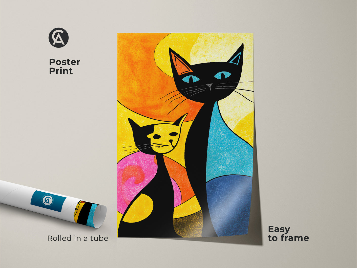 A poster print of a cat artwork is rolled up in a tube. This colorful feline artwork features a black cat and a yellow cat. The poster print is easy to frame and will add a touch of style to any room.