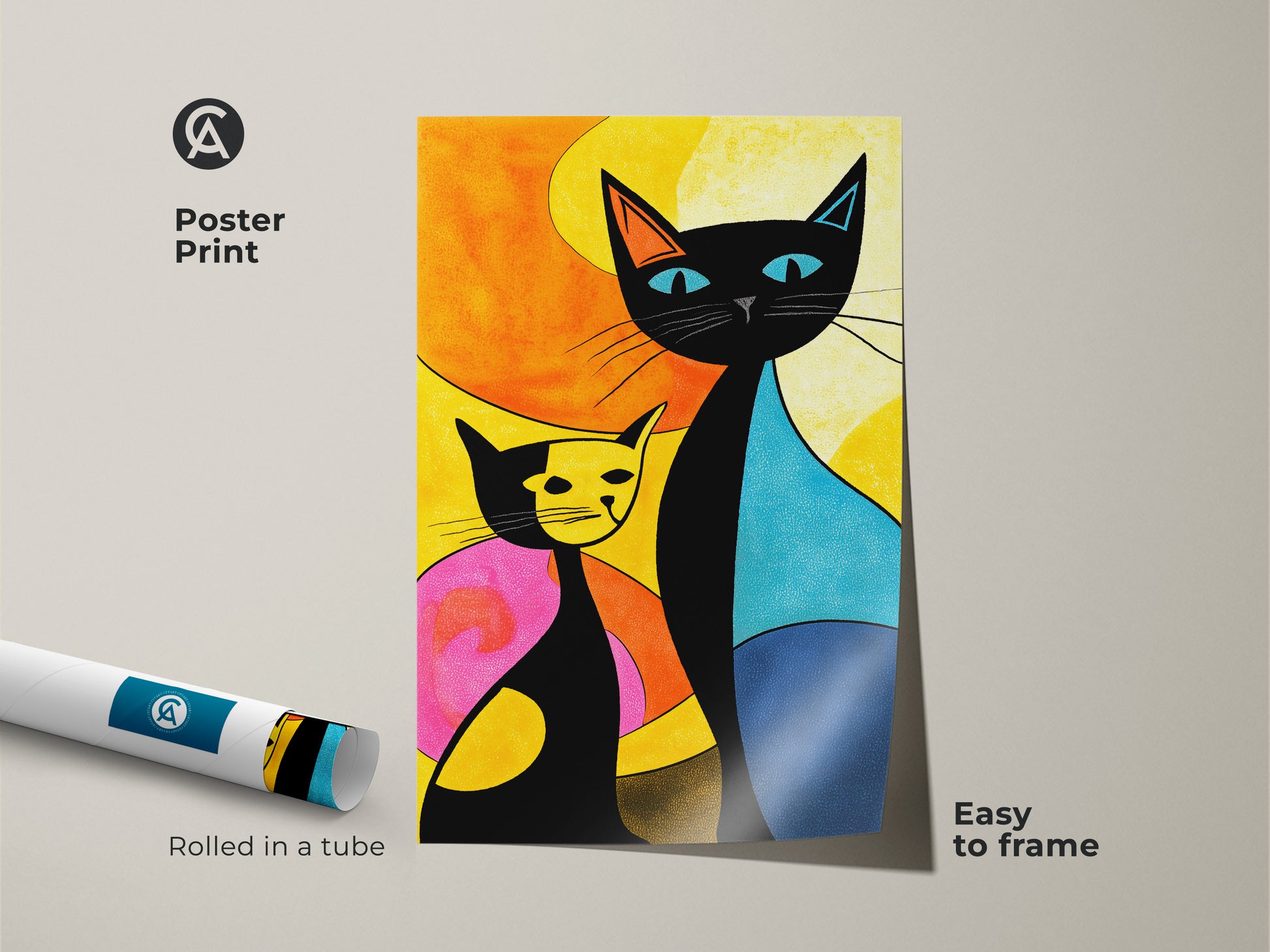 A poster print of a cat artwork is rolled up in a tube. This colorful feline artwork features a black cat and a yellow cat. The poster print is easy to frame and will add a touch of style to any room.