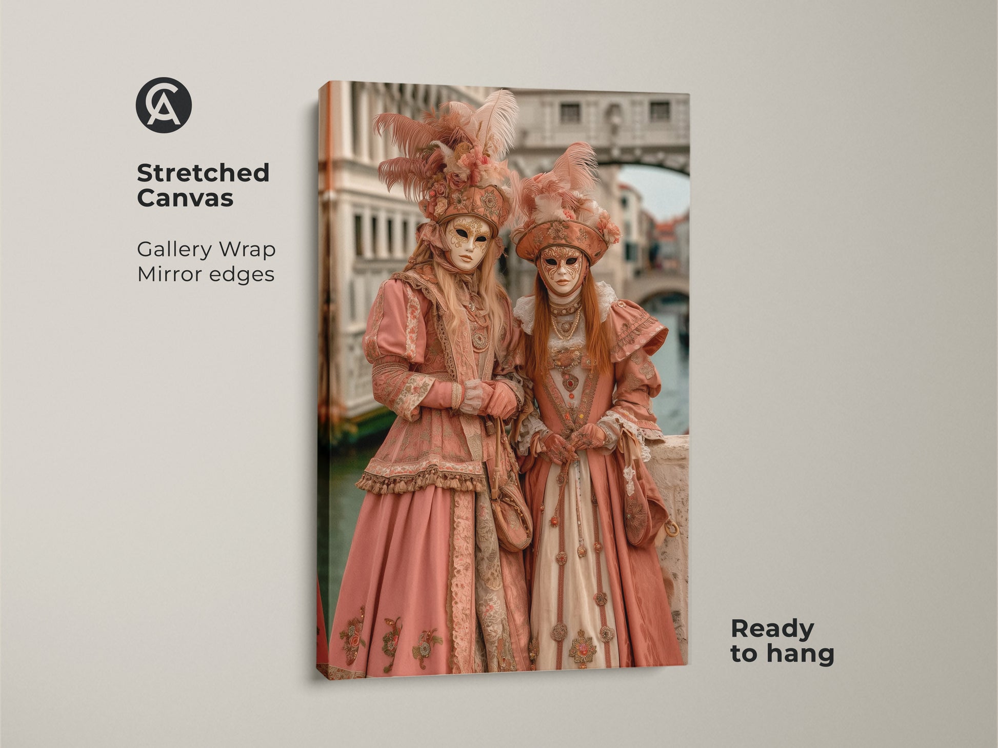 Stretched canvas print featuring two figures in Venetian carnival attire. The gallery wrap with mirror edges offers a modern aesthetic. The artwork is ready to hang adding sophistication to your home decor. Ideal for lovers of Venetian culture and fine art.