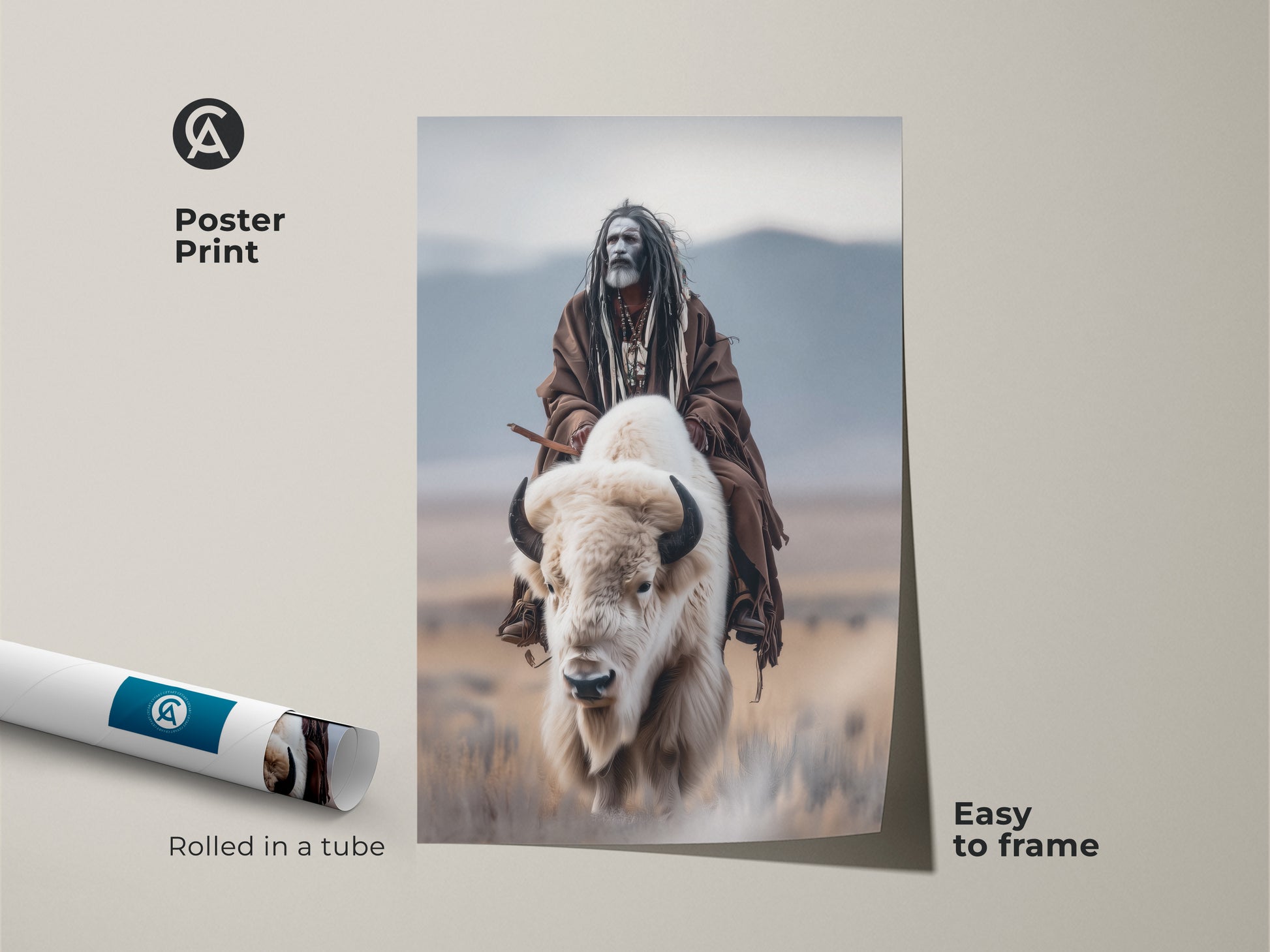 Add a touch of cultural artistry to your walls with this poster print. The art shows a Native American riding a white buffalo. This museum-quality paper poster is easy to frame. It arrives rolled in a protective tube for pristine condition.