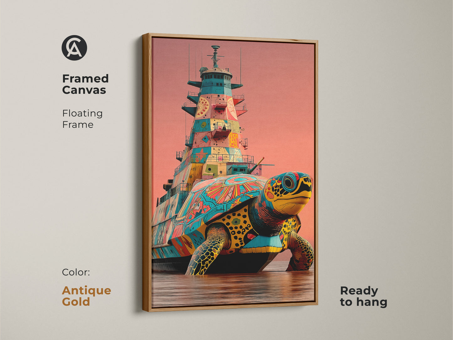 Admire this framed canvas print of a surreal turtle battleship set in an antique gold floating frame. This artwork blends fantasy and marine life with a pop art twist. Ready to hang this piece is a unique addition. The antique gold frame enhances the teal orange yellow wall art making it perfect for offices and eclectic homes
