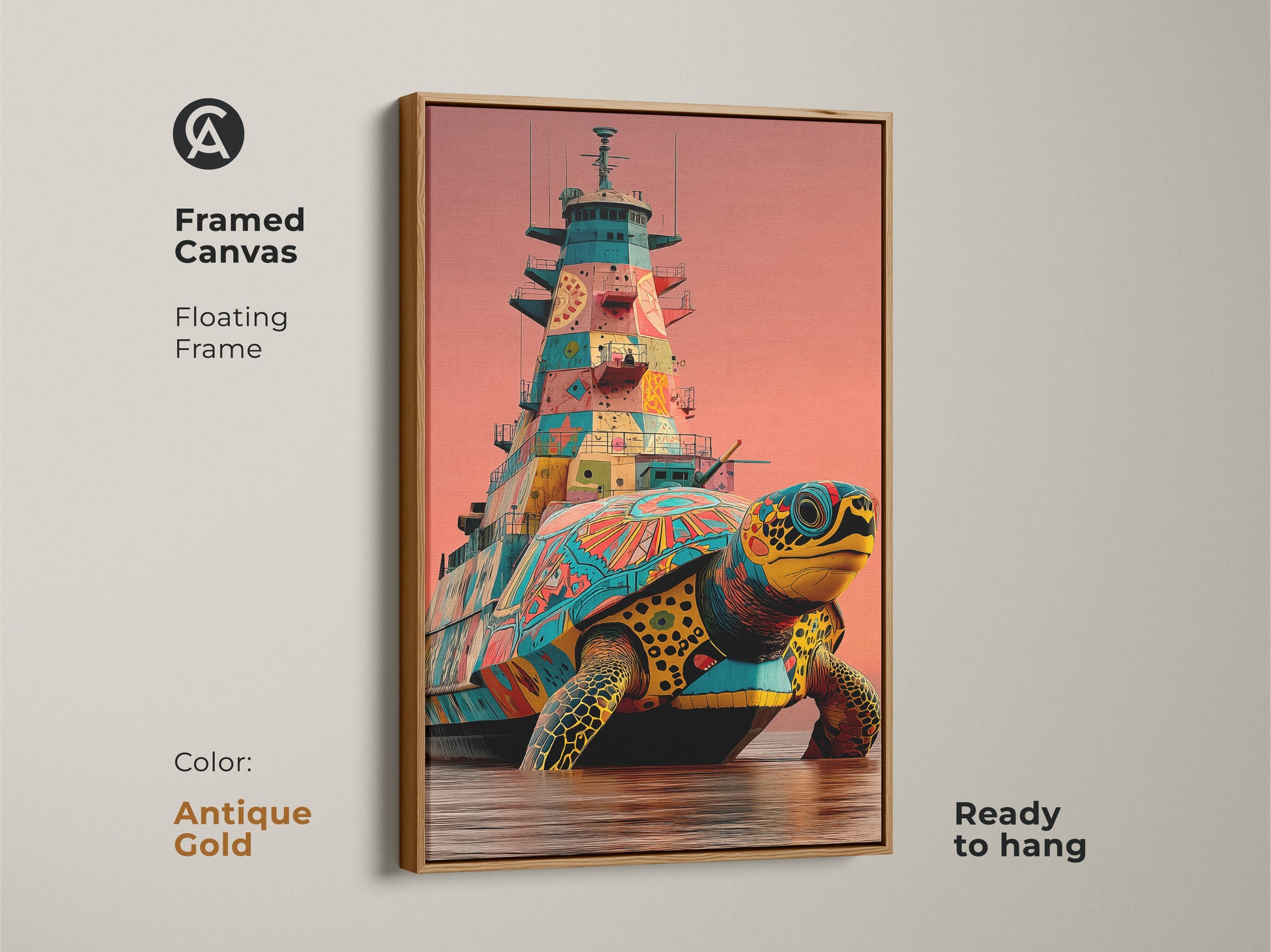 Admire this framed canvas print of a surreal turtle battleship set in an antique gold floating frame. This artwork blends fantasy and marine life with a pop art twist. Ready to hang this piece is a unique addition. The antique gold frame enhances the teal orange yellow wall art making it perfect for offices and eclectic homes