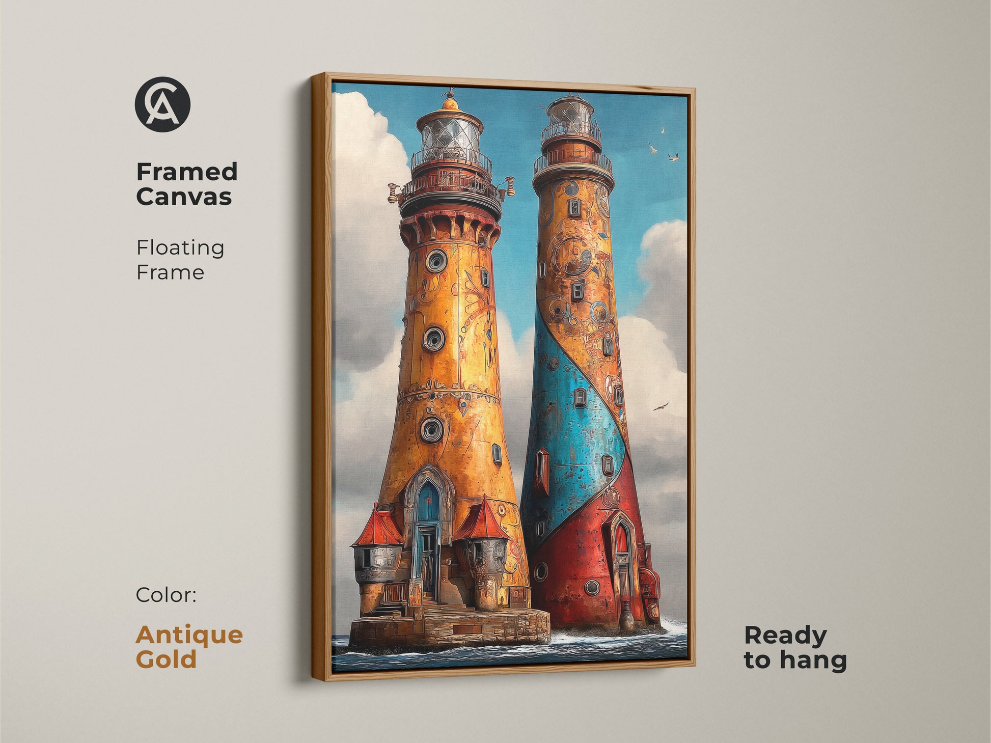 Antique gold framed canvas featuring Steampunk Lighthouse art. The ornate nautical canvas is perfect for coastal decor. Red blue and orange hues add an eclectic touch. Enhance your home