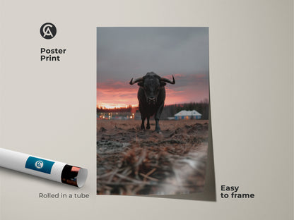 Poster print of bull canvas art rolled in a tube. This rustic farmhouse wall decor is easy to frame. Crimson orange grey animal art is perfect as entryway home decor gift. The rural house landscape art is for farmhouse lovers.