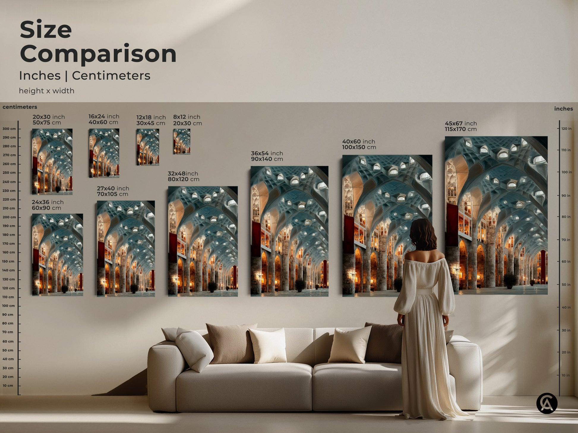 Size comparison for Gothic Arches Wall Art. Inches and centimeters are displayed. Various sizes shown to scale with a sofa and person. The art nouveau architecture print will enhance any home. It provides sophisticated wall art in teal and gray tones.