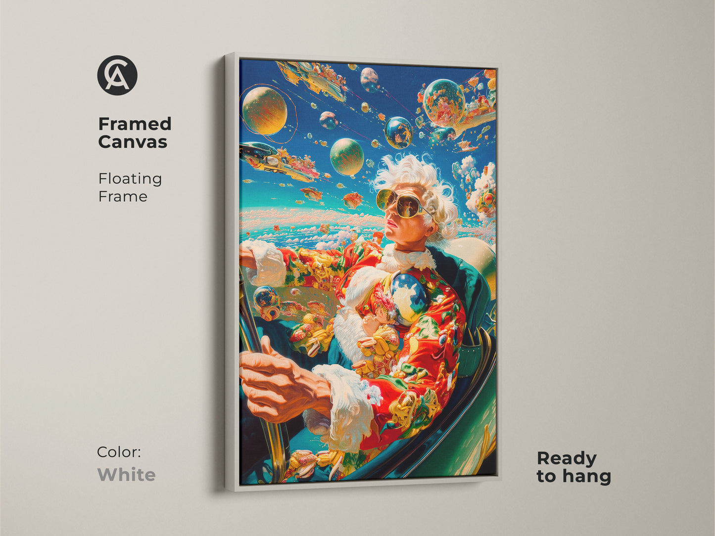 Framed canvas artwork shows a person driving a car with planets in the sky. This floating frame canvas is white. The art is ready to hang. Shop framed canvas prints today.