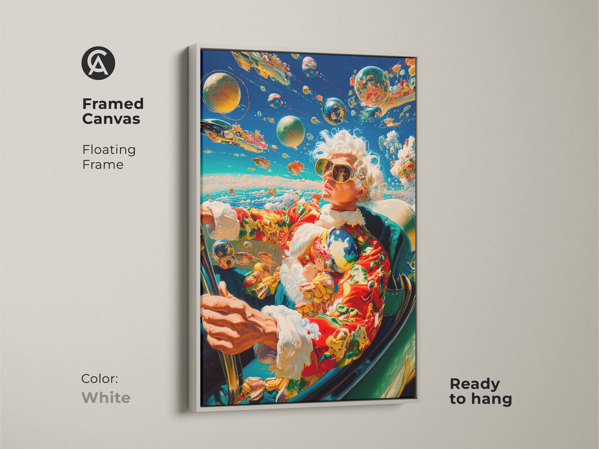 Framed canvas artwork shows a person driving a car with planets in the sky. This floating frame canvas is white. The art is ready to hang. Shop framed canvas prints today.