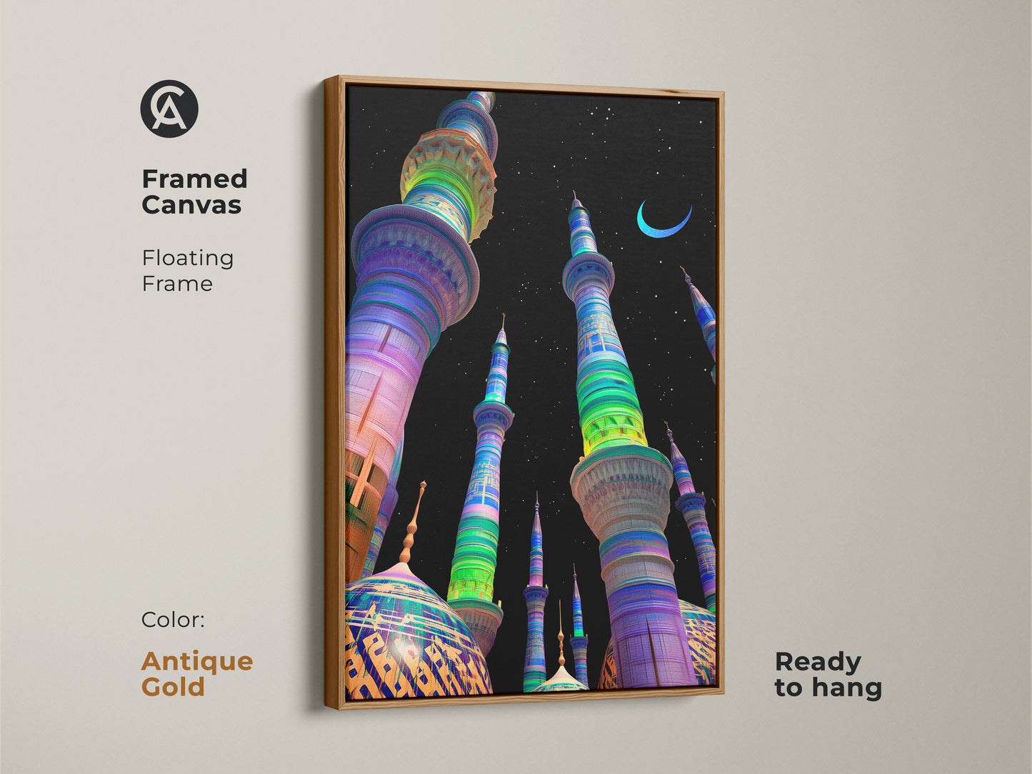The framed canvas art features a floating antique gold frame. It has vibrant mosque digital artwork with blue green and purple colors against a night sky with a crescent moon. A great option for unique islamic art ready to hang.
