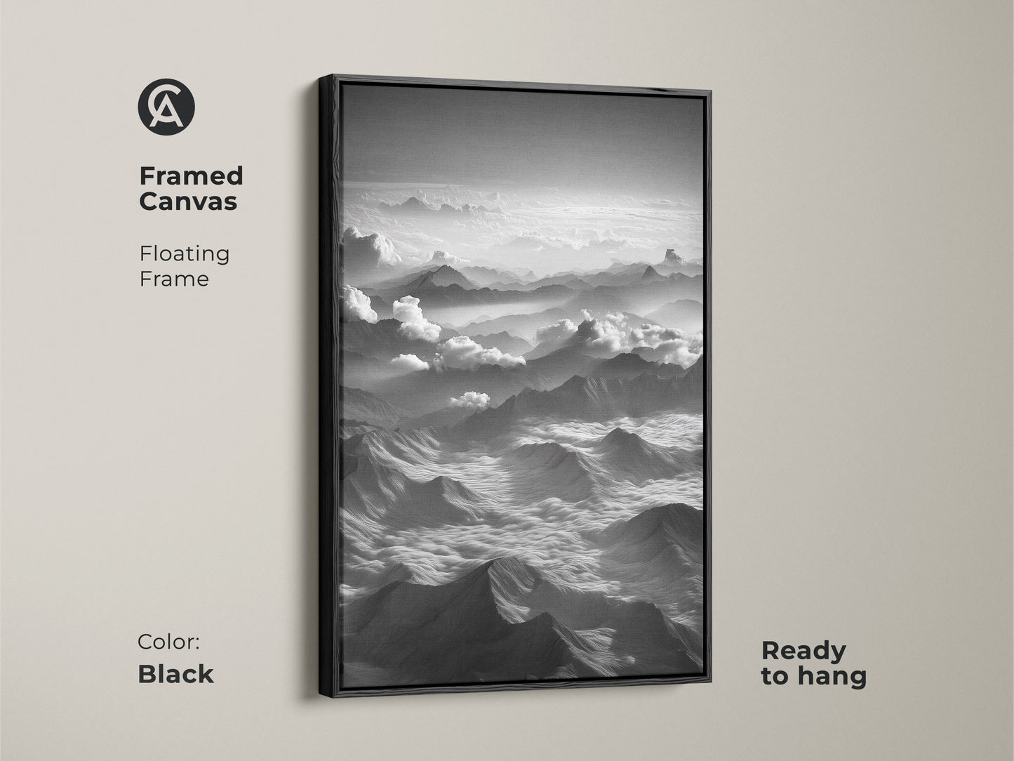 Framed canvas featuring black and white mountain artwork. This minimalist cloudscape wall decor is ready to hang. The contemporary nature art has a black floating frame. It is high altitude artwork.