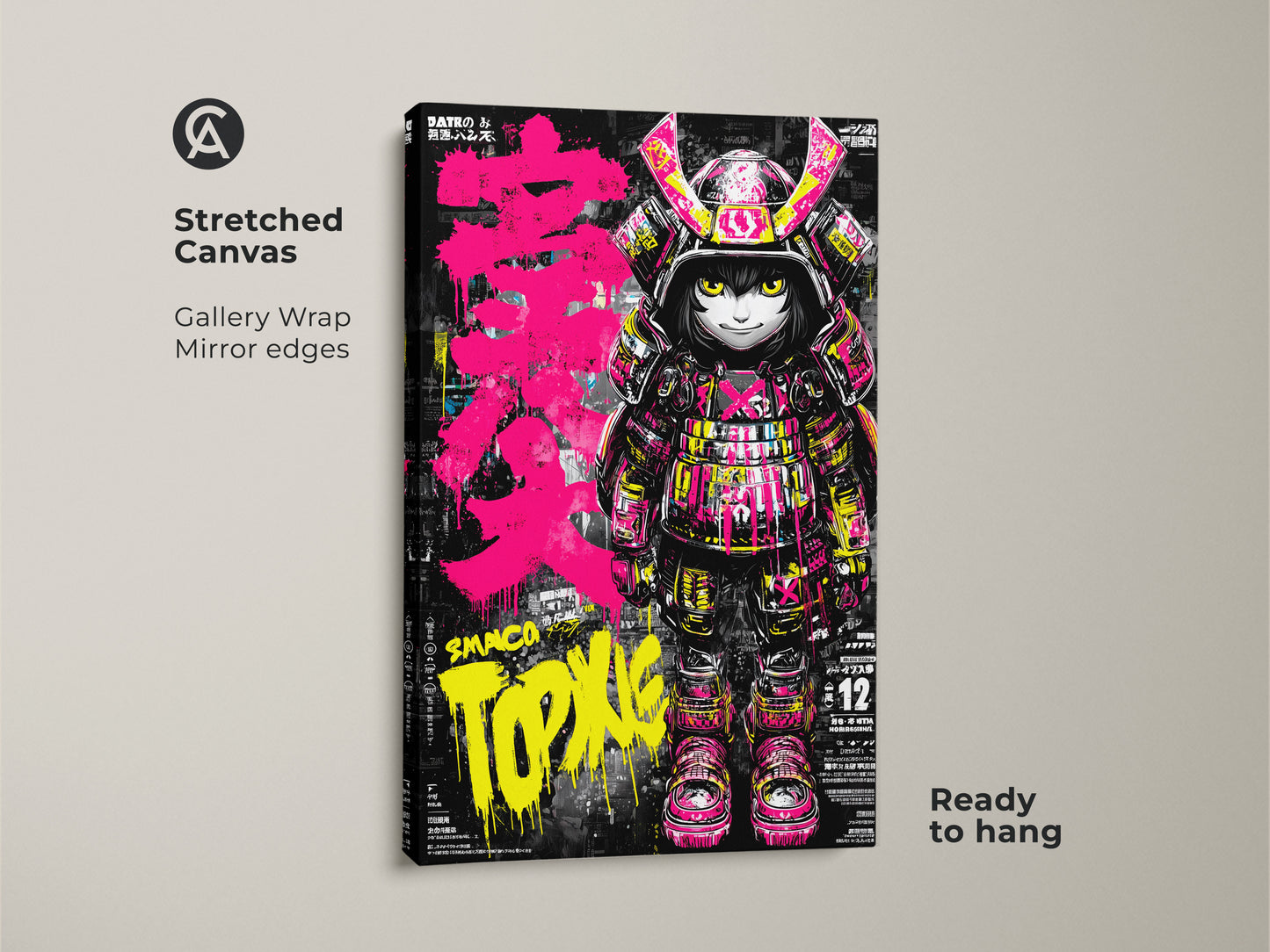 A gallery-wrapped canvas print showcases the Smaco Topix samurai artwork. The mirror edges create a seamless look. Ready to hang this vibrant piece will transform your space. Add a touch of modern warrior spirit to your decor.