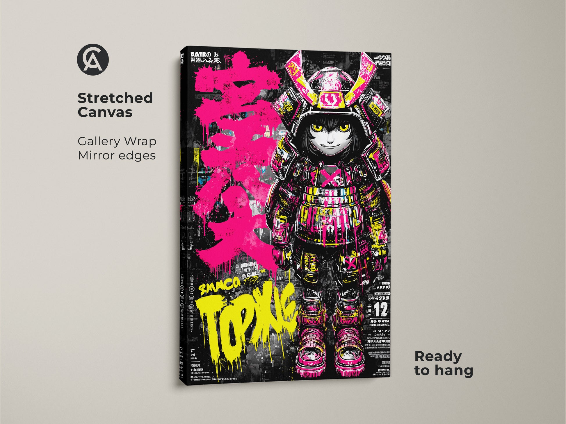 A gallery-wrapped canvas print showcases the Smaco Topix samurai artwork. The mirror edges create a seamless look. Ready to hang this vibrant piece will transform your space. Add a touch of modern warrior spirit to your decor.
