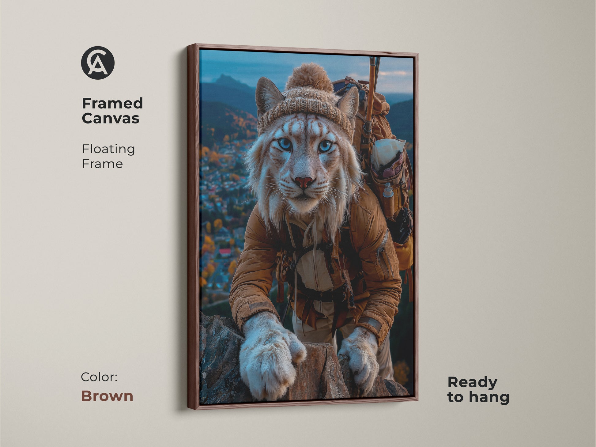 Lynx mountain explorer framed canvas in Brown. The blue eyed cat adventurer wall art brings nature indoors. Ready to hang for any animal lover looking for forest animal art. This eclectic home decor lynx painting is a cozy winter animal artwork. A great rustic mountain cabin decor.