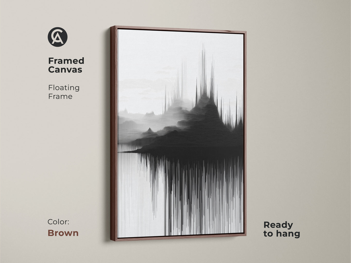Framed canvas features abstract soundwave mountain artwork. A contemporary landscape presented in a floating frame in a warm brown hue. This modern black and white wall decor is ready to hang. This soundwave inspired artwork enhances your living space.