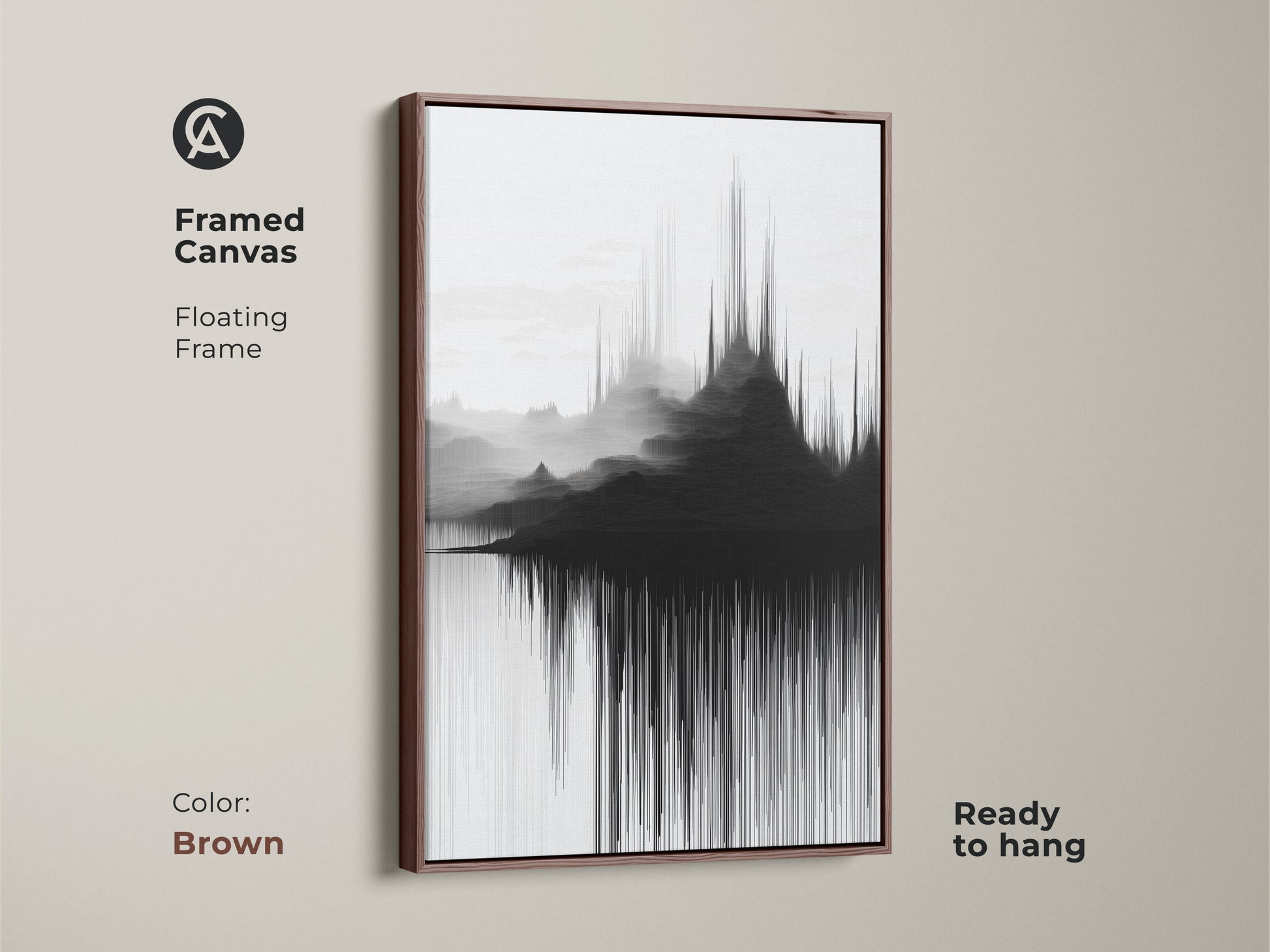 Framed canvas features abstract soundwave mountain artwork. A contemporary landscape presented in a floating frame in a warm brown hue. This modern black and white wall decor is ready to hang. This soundwave inspired artwork enhances your living space.