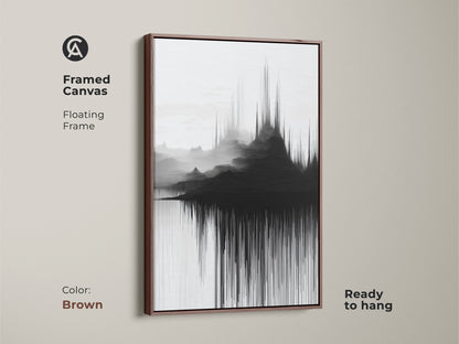Framed canvas features abstract soundwave mountain artwork. A contemporary landscape presented in a floating frame in a warm brown hue. This modern black and white wall decor is ready to hang. This soundwave inspired artwork enhances your living space.