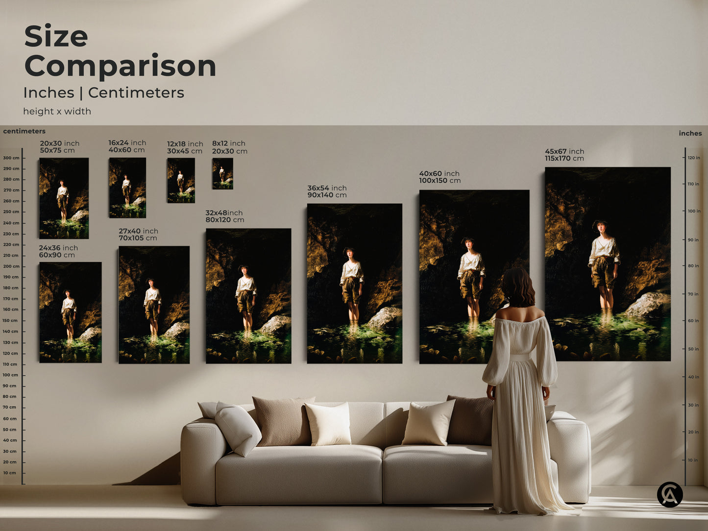 Size comparison featuring inches & centimeters with classical realism artwork. See the boy in river art in various sizes above a sofa. Visualize the perfect fit for your space. Great for making art buying decisions.