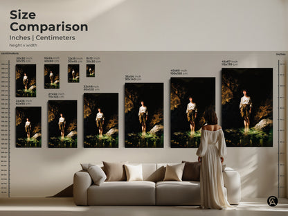 Size comparison featuring inches & centimeters with classical realism artwork. See the boy in river art in various sizes above a sofa. Visualize the perfect fit for your space. Great for making art buying decisions.