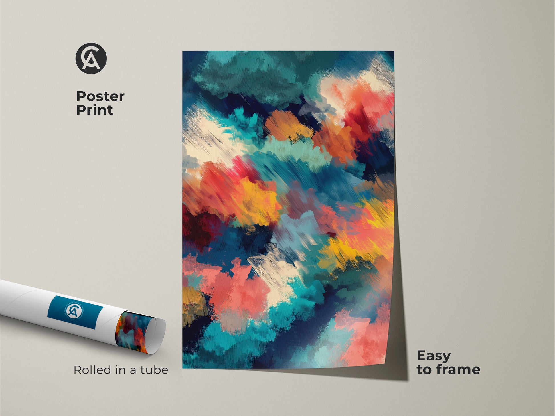 Poster print featuring abstract art rolled in a tube. The vibrant colors and brushstrokes create a modern look. This museum-quality paper poster is easy to frame. Add a touch of color to your home decor.