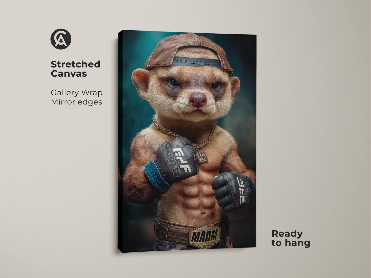 This image shows a stretched canvas print of an MMA Fighter Meerkat. This unique streetwear style wall art is ready to hang. Notice the gallery wrapped mirror edges. The artwork is perfect for an eclectic home decor. It also makes a unique gift for him or her