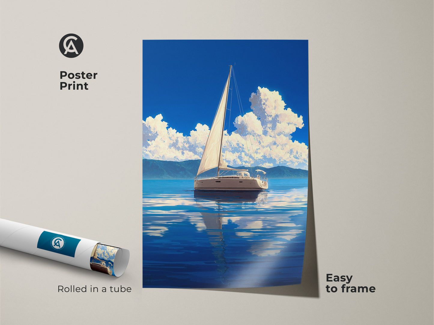 Poster print of a coastal sailboat artwork. A nautical landscape artwork showing a sailing boat on a blue ocean. This ocean seascape print is easy to frame. Perfect for adding a touch of maritime charm to your decor. A thoughtful gift for sailors and boat enthusiasts.